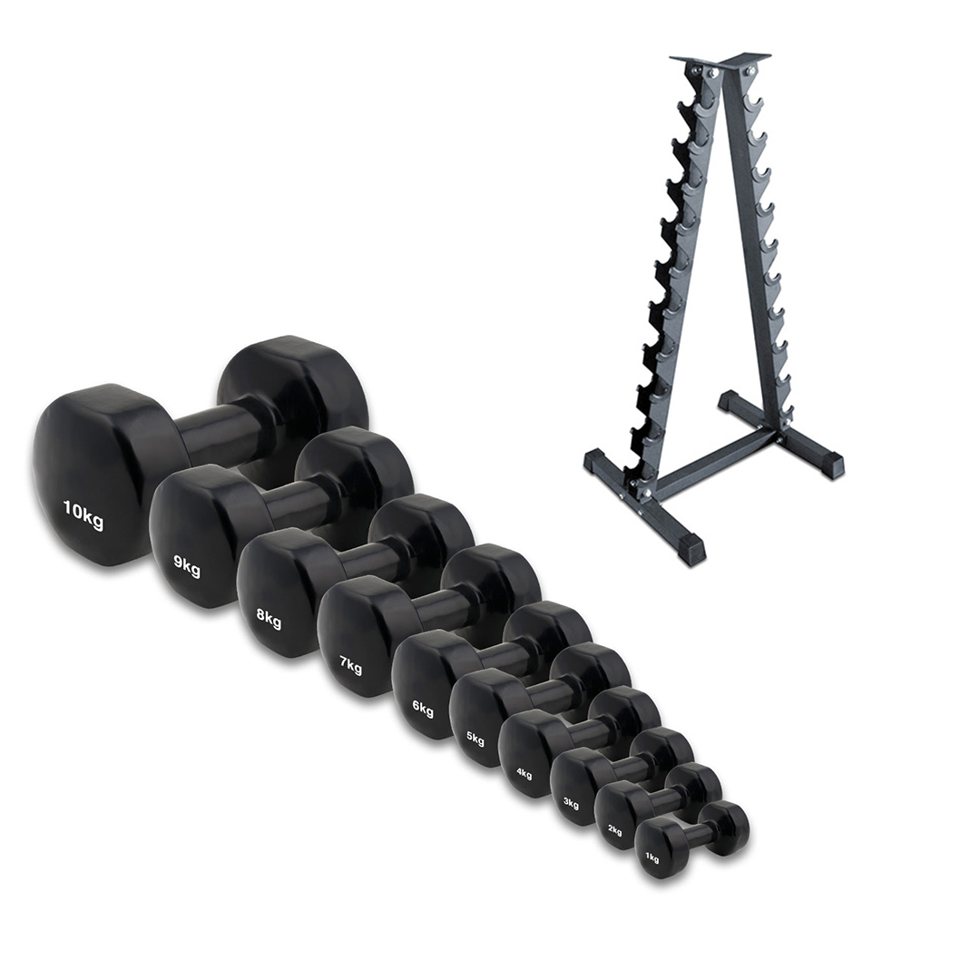 AlphaState Vinyl Dumbbell Set (2 x 1-10kg) + Pyramid Rack